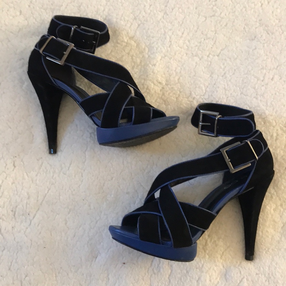 Aldo | Blue And Black Leather and Suede Like Strappy Open Toe Heels Size 38